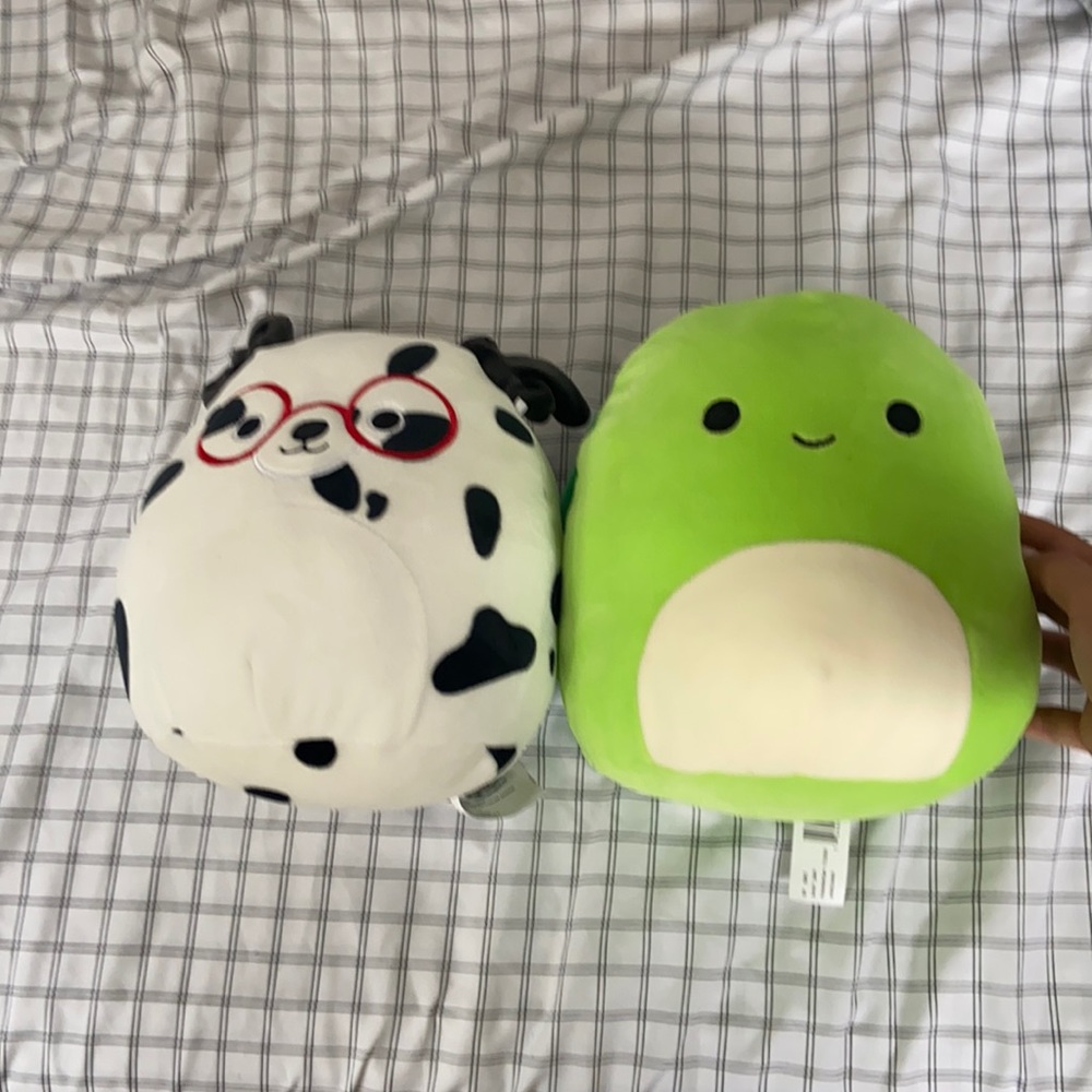 two squishmallows doggy and turtle